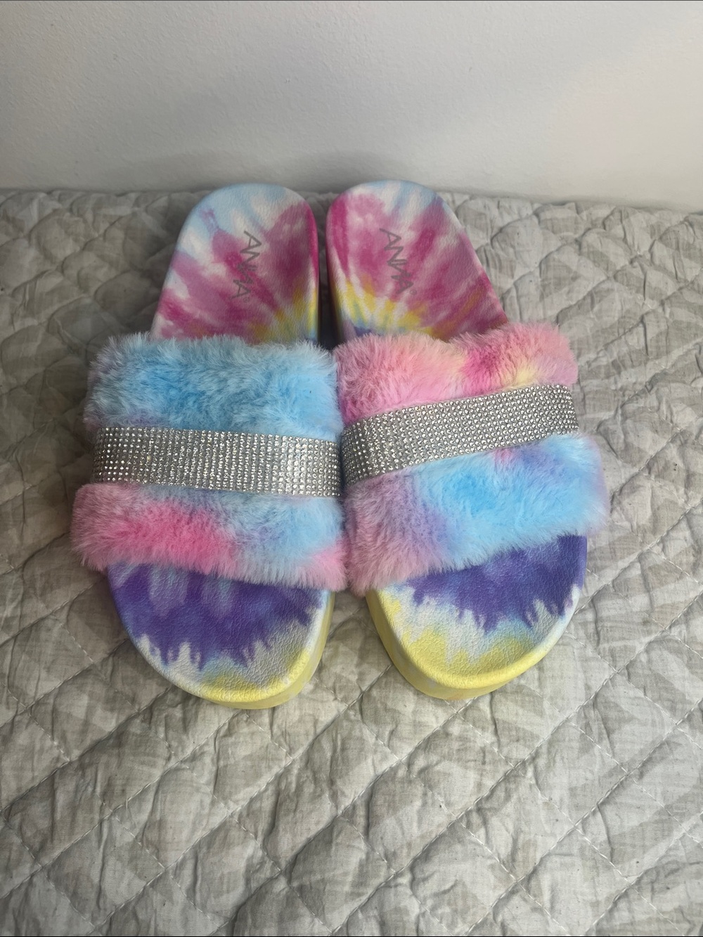Anna Pastel Tie-Dye Fuzzy Slide Sandals with Rhinestone Band